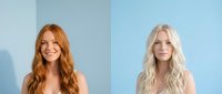 Two young Caucasian women side by side, one with long red hair smiling, one with long blonde hair, against a light blue background.