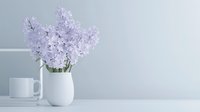 Delicate purple lilac flowers in white ceramic vase with coffee cup on light gray background, minimalist spring home decor composition for lifestyle blogs.