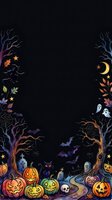 Spooky Halloween frame with gnarled trees, jack-o-lanterns, ghosts, bats, moon, stars, and autumn leaves on black background. Perfect for seasonal designs, invitations, and festive projects.