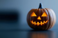 Glowing carved pumpkin with classic jack o'lantern face illuminated from within on dark background with reflection, creating spooky Halloween atmosphere.