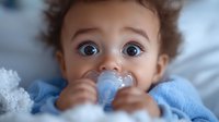 Mixed race baby with big blue eyes and curly hair lying on bed, holding pacifier while wearing light blue clothing. Close up portrait showing innocent expression.