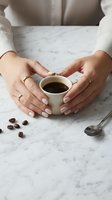 Woman hands holding white coffee cup on marble table with coffee beans and spoon for morning routine and cafe business concepts.
