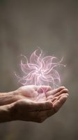 Hands holding glowing pink swirling energy orb with magical sparkles against neutral background, representing power, healing, spirituality and innovation for wellness and technology concepts.
