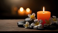 Spa wellness scene with burning candle, plumeria flowers and smooth stones on wooden surface. Relaxation therapy setup with warm ambient lighting.
