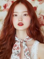 Young Asian woman with long wavy red hair and coral lipstick wearing floral blouse against soft rose petal background for beauty and fashion concepts.
