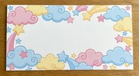 Pastel clouds and stars border frame on white background with copy space for text, perfect for baby shower invitations and nursery decor projects.