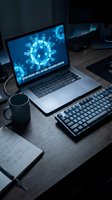 Laptop displaying coronavirus molecule on screen in dark office workspace with coffee mug and keyboard for medical research and pandemic awareness content.
