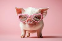 Adorable piglet wearing pink heart-shaped sunglasses on pastel background for cute animal concepts and playful design projects.