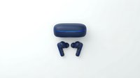 Pair of dark blue wireless earbuds with matching charging case isolated on white background, ready for product design, marketing materials, and e-commerce use.