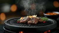 Juicy grilled beef steaks with herbs and butter on round electric grill, steam rising, dark moody atmosphere with bokeh lights in background.