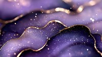 Luxurious purple and gold abstract background with flowing liquid marble effect, glitter particles, and metallic golden veins on dark violet surface.