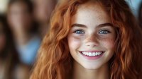 Young redhead woman with bright blue eyes and natural freckles smiling genuinely at camera, showing white teeth. Close up portrait with blurred background.