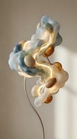Abstract flowing sculpture with illuminated translucent forms and golden spheres creating ethereal light patterns against neutral background.