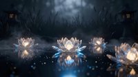 Glowing lotus flowers floating on dark water surface with mystical light reflections creating serene spiritual meditation atmosphere for wellness designs.
