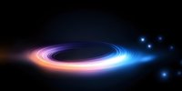 Glowing cosmic spiral with orange and blue light trails against dark background, creating mysterious space atmosphere. Suitable for science and astronomy designs.