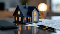 Miniature house model with glowing windows on contract papers, illuminated by warm evening light, symbolizing real estate and property investment decisions.