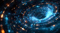 Futuristic spiral vortex with glowing blue light effects and orange particles, digital technology background with dynamic motion blur and bokeh elements.