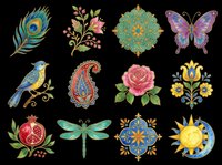Colorful folk art clipart set with peacock feather, butterfly, bird, rose, dragonfly, mandala, paisley, sun, moon, isolated on transparent background for stickers, t-shirts, print on demand.