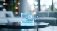 Glowing holographic smart home interface projection on coffee table with bokeh lights in modern living room interior, futuristic home automation concept.