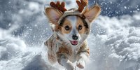 Adorable chihuahua dog wearing reindeer antlers running through fresh snow during winter, creating playful atmosphere for seasonal holiday pet photography.