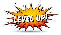 Comic book style burst with Level Up text in bold letters featuring explosive orange and yellow gradient colors on isolated white background.
