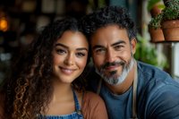 Happy father and daughter with curly hair smiling together in cozy home setting with plants in background for family bonding moments.