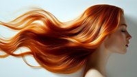 Young woman with flowing auburn hair in motion showcasing vibrant copper and golden highlights against soft gradient background for beauty concepts.