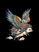 Flying hedgehog with ornate colorful wings in Asian folk art style, isolated on transparent background, ready for stickers, t-shirt design, print on demand, and clipart use.