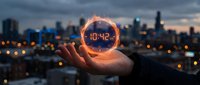 Hand holding glowing digital clock displaying 10:42 against blurred city skyline at dusk. Concept for time management, business deadlines, scheduling and productivity solutions.