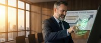 Middle-aged Caucasian businessman in suit pointing at futuristic holographic interface displaying strategic planning data in modern office environment.