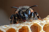 Extreme close up macro photography of honey bee head with detailed view of compound eyes, antennae and mandibles on honeycomb structure in natural lighting.