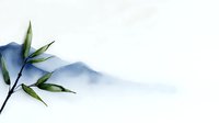 Delicate bamboo branch with green leaves against misty blue mountains background in minimalist Asian ink painting style, watercolor technique on paper.