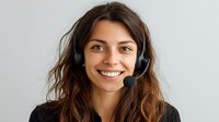 Young woman with headset smiling against light background, representing customer service, call center, or online support for business communications.