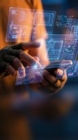 Hands holding tablet with holographic digital interface displaying technical blueprints and circuit diagrams for futuristic technology development.
