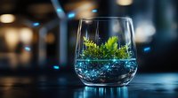 Glowing blue liquid in wine glass with fresh green plant leaves floating on top, creating magical ethereal effect against dark blurred background.