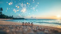 Sparkling 2026 numbers on tropical beach at sunset with magical sparkler lights and bokeh effects creating festive New Year atmosphere on ocean shore.
