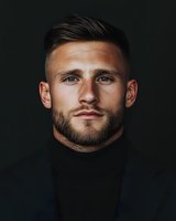 Dramatic portrait of confident young Caucasian man with beard wearing black turtleneck against dark background, showing determination and strength in his expression.
