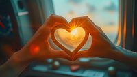 Hands forming heart shape against sunset sky, capturing golden sunlight through fingers. Perfect for romantic cards, valentines day designs, or love-themed social media content.