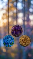 Three colorful stained glass pendant ornaments featuring floral designs hanging on chains against soft bokeh background for home decor and craft projects.