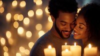 Young African American couple sharing intimate romantic moment with glowing candles and bokeh lights creating warm atmospheric mood for Valentine's day or anniversary.