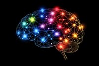 Glowing multicolored neural network in brain shape with connected nodes and synapses on black background, representing artificial intelligence and machine learning.