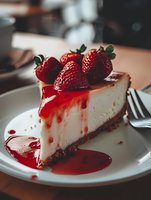 Fresh strawberry cheesecake slice on white plate with red berry sauce dripping down sides and fresh strawberries on top, chocolate cookie crust base.
