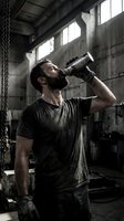 Adult male worker, Caucasian ethnicity, drinking water from metal bottle during break in industrial warehouse setting with concrete walls and natural light from windows, depicting hydration and labor rest.