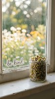 Dried chamomile flowers in a glass jar on a rustic windowsill with a be kind sticker and blurred daisy garden bokeh background.