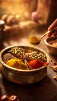 Traditional wooden spice box with colorful aromatic spices and hand holding golden spoon in warm atmospheric kitchen lighting.