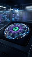 Futuristic holographic brain scan display in high-tech laboratory with glowing neural networks and digital interface screens for medical research visualization.