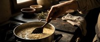 Pouring grains into a pan on stovetop during cooking preparation in warm kitchen lighting, suitable for food blogs and culinary content.
