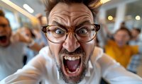 Angry bearded man with glasses taking selfie while shouting, crowd of people blurred in background. Expresses extreme emotion for social media content.