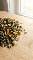 Loose herbal tea blend with dried chamomile flowers, green tea leaves, and orange peel scattered on wooden surface near window with natural light.