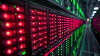 Digital display with red and green LED indicators showing real-time data visualization in server room. Dynamic electronic dashboard monitoring system with glowing lights.